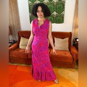 60s Vintage Tropical Barkcloth Psychedelic Mermaid Maxi Dress